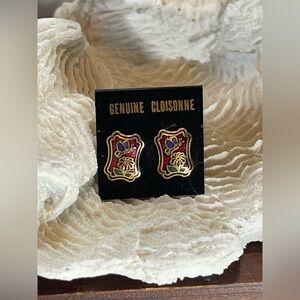 Vintage Red Cloisonne Butterfly Floral Stud Earrings